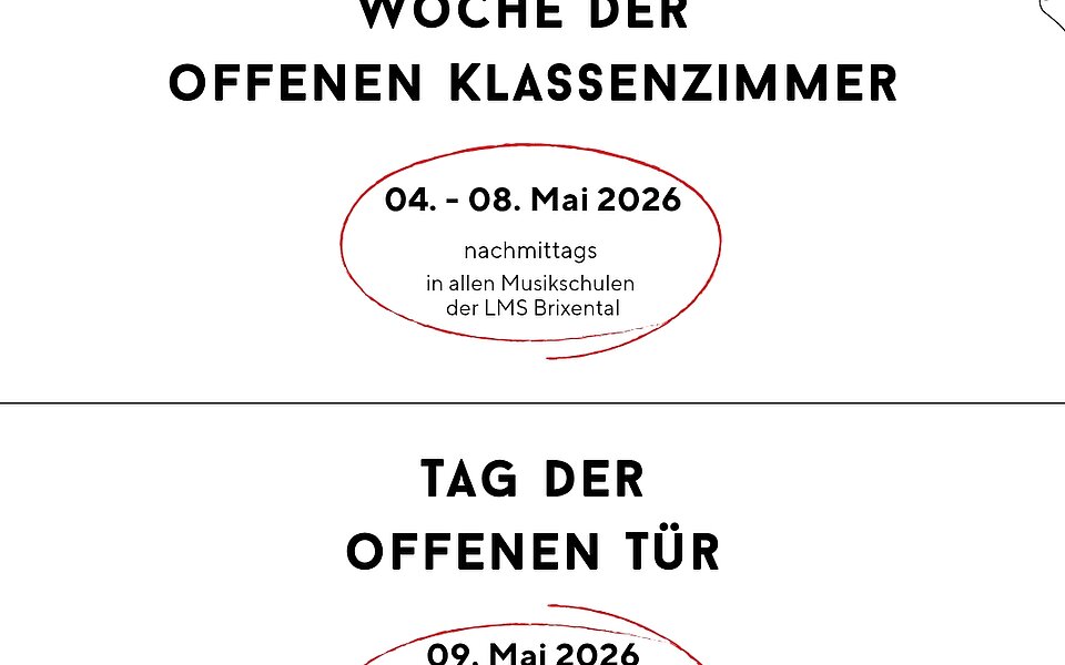 Plakat mit Logo der Musikschule Einladung zur Woche der offenen Klassenzimmer